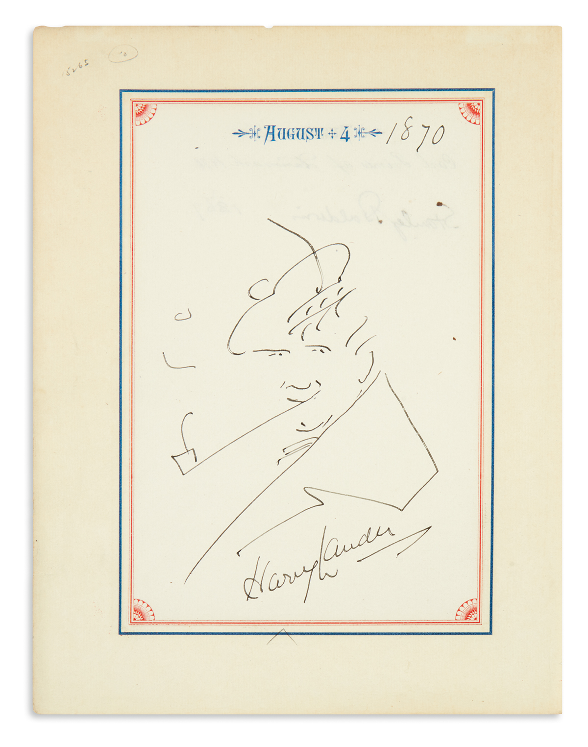 LAUDER, HENRY. Drawing Signed, self-caricature showing him wearing a Scottish bonnet and smoking a long pipe,